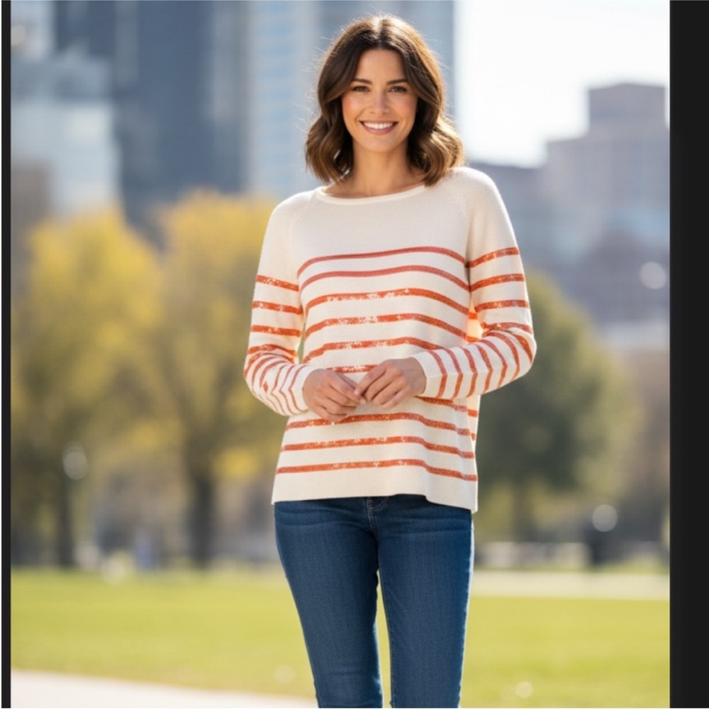 Viscose Blend Ann Taylor
Striped Sweater with Orange sequence Petite Medium - Picture 2 of 12